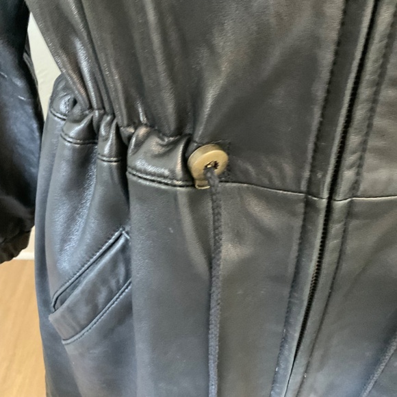 90's VTG Hailey soft LeatherJacket Black Long Drawstring Zip Coat Oversize XS - Picture 12 of 16